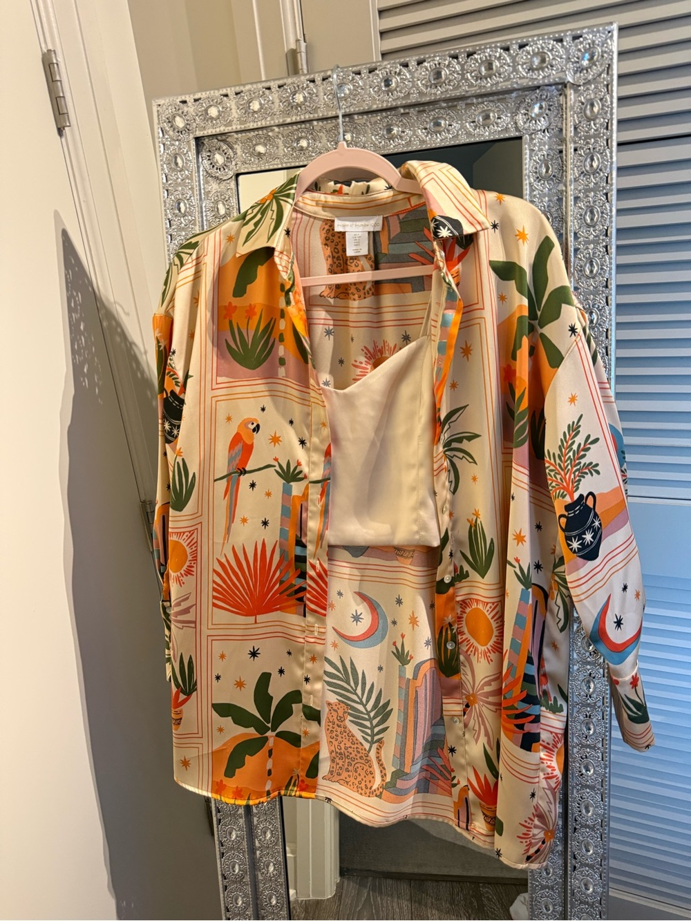 Tropical Print Relaxed Button-Up Shirt in Cream & Orange